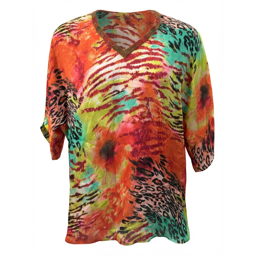 Dana Buchman Sheer V Neck Top Size L Multicolor‎ Abstract Animal Print Blouse